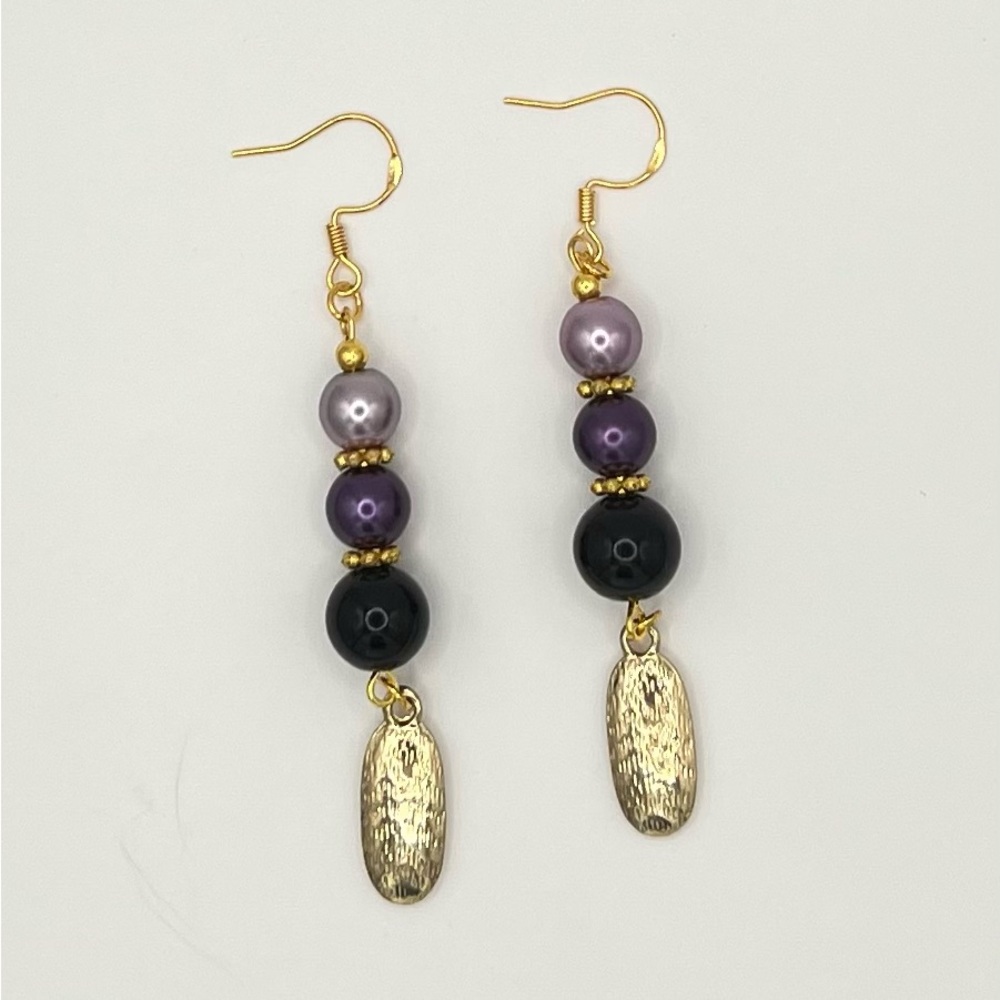 Purple & Black Beaded Dangle Earrings with Gold Tone Charm